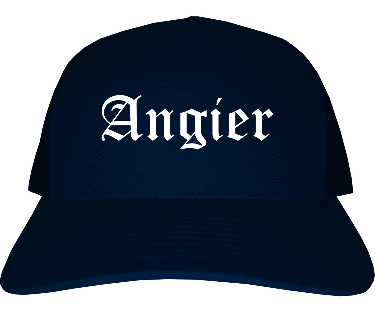 Angier North Carolina NC Old English Mens Trucker Hat Cap Navy Blue