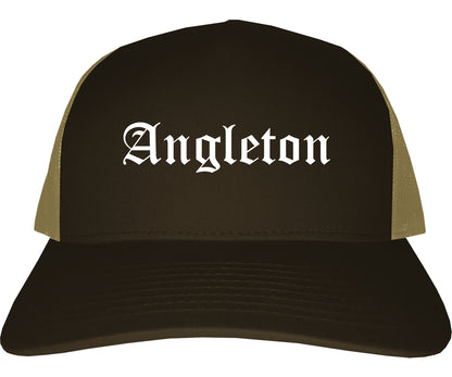 Angleton Texas TX Old English Mens Trucker Hat Cap Brown