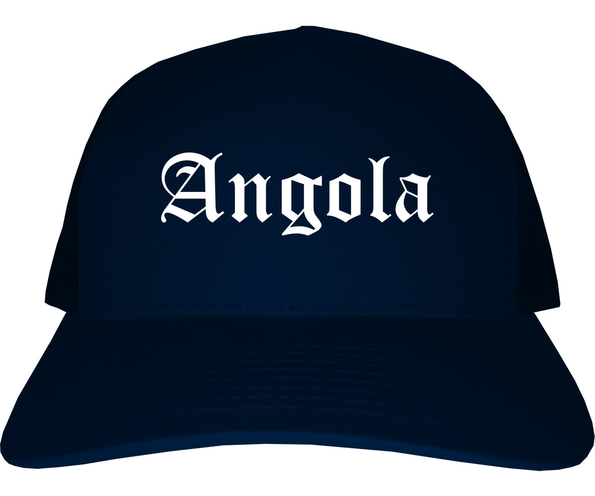 Angola Indiana IN Old English Mens Trucker Hat Cap Navy Blue