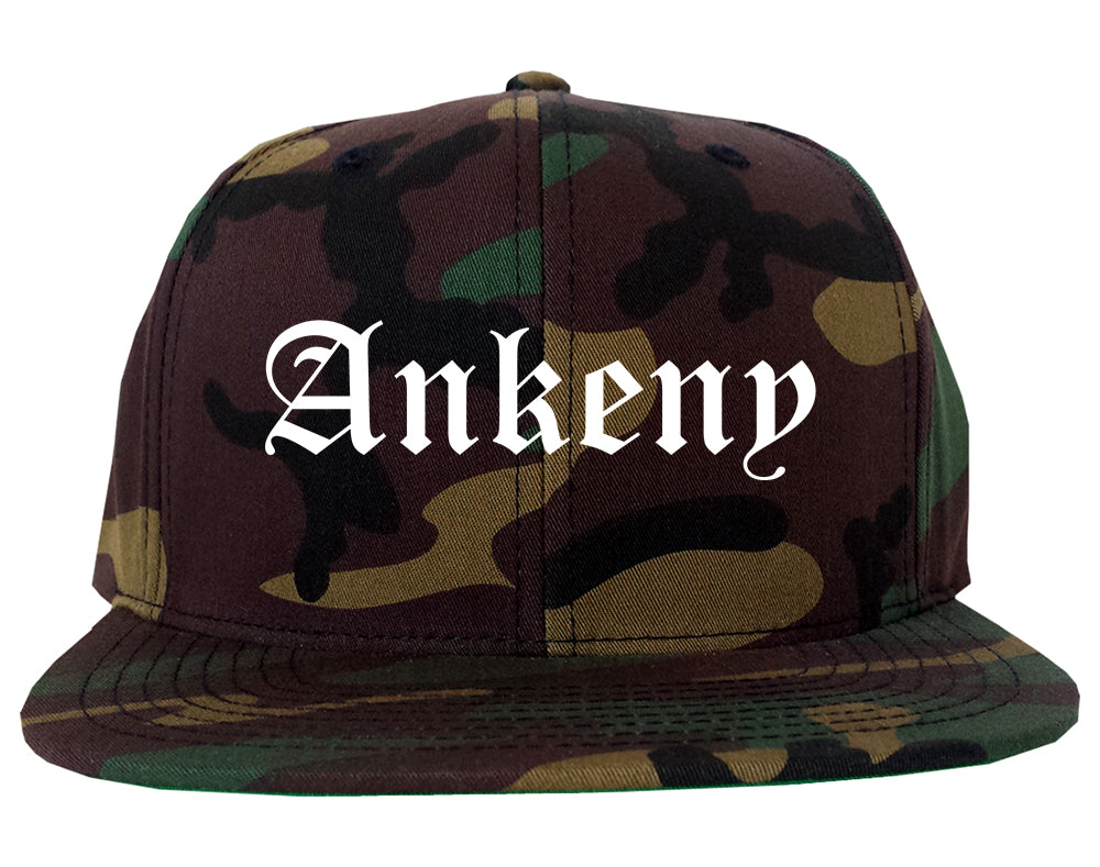 Ankeny Iowa IA Old English Mens Snapback Hat Army Camo