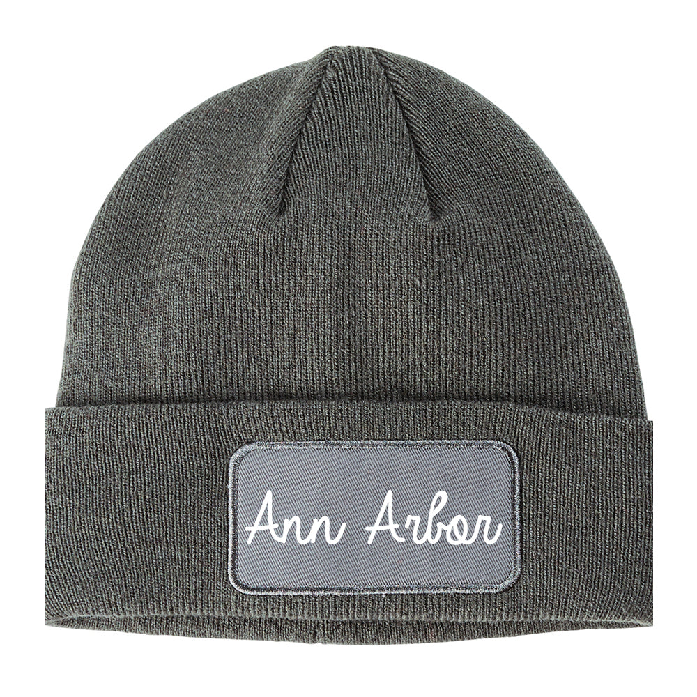 Ann Arbor Michigan MI Script Mens Knit Beanie Hat Cap Grey