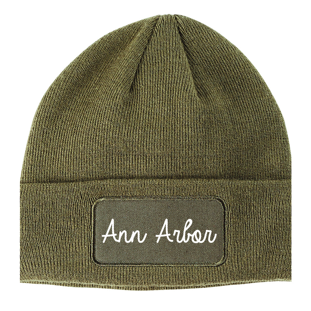 Ann Arbor Michigan MI Script Mens Knit Beanie Hat Cap Olive Green