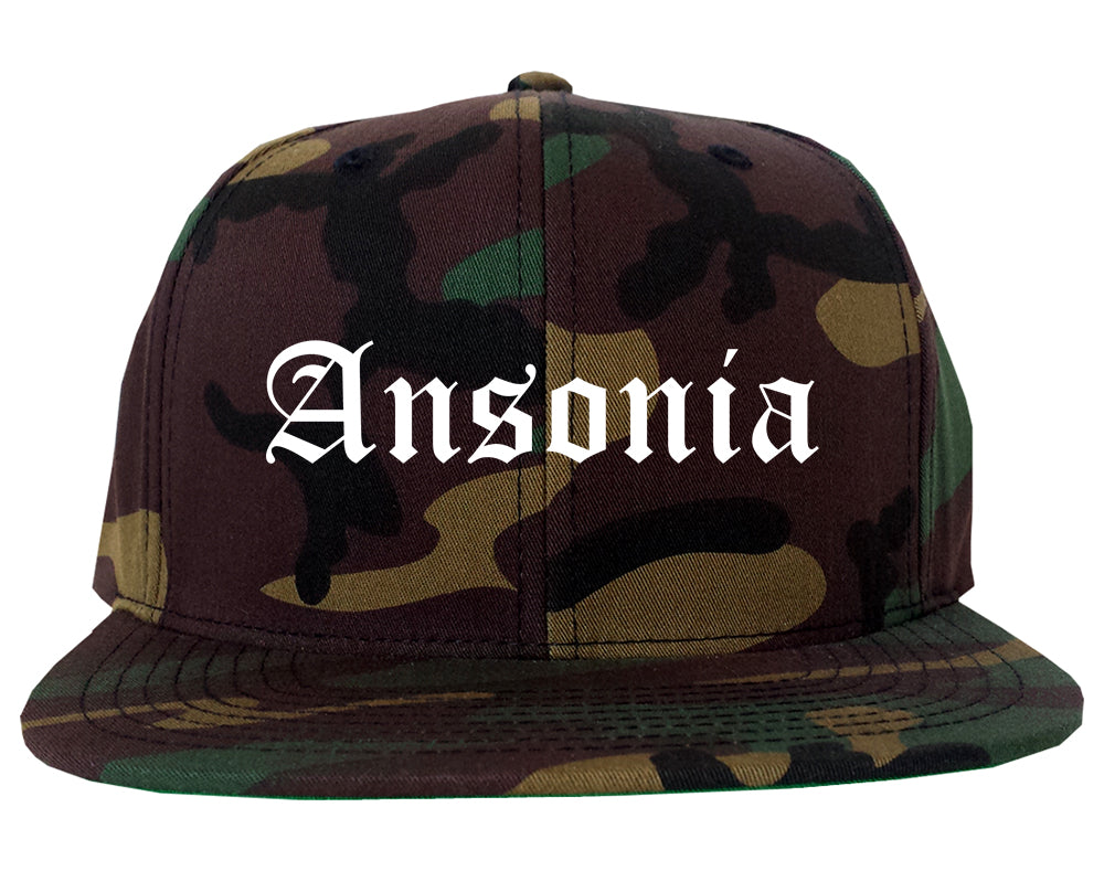 Ansonia Connecticut CT Old English Mens Snapback Hat Army Camo