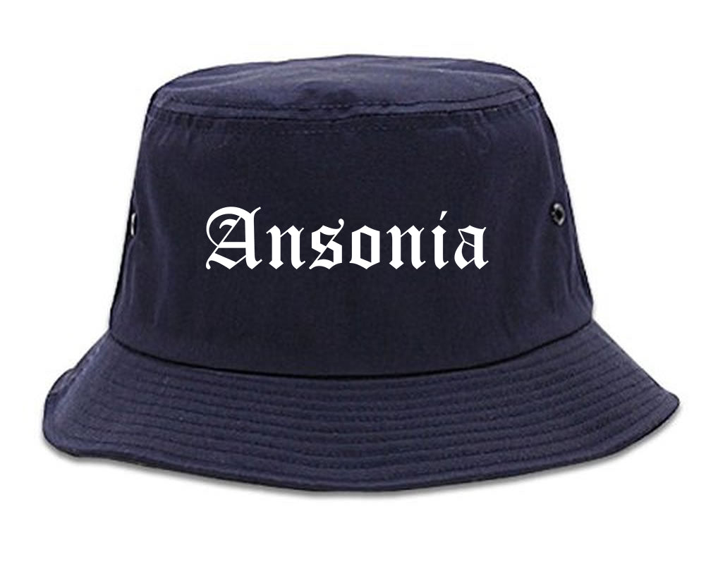 Ansonia Connecticut CT Old English Mens Bucket Hat Navy Blue