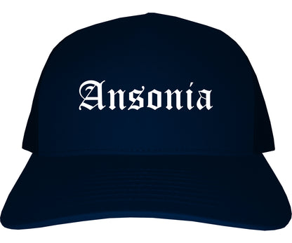Ansonia Connecticut CT Old English Mens Trucker Hat Cap Navy Blue