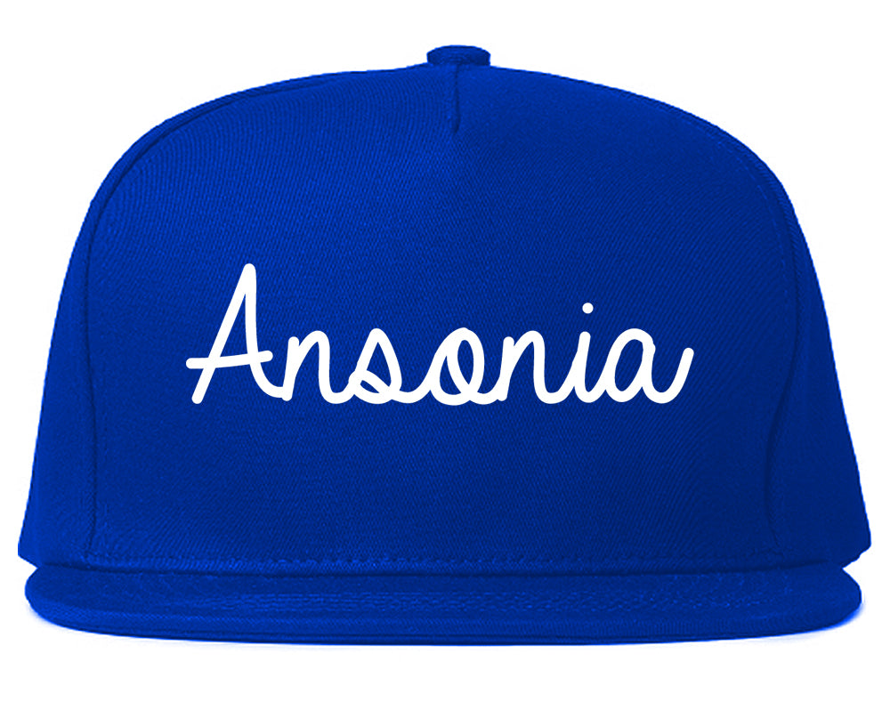 Ansonia Connecticut CT Script Mens Snapback Hat Royal Blue