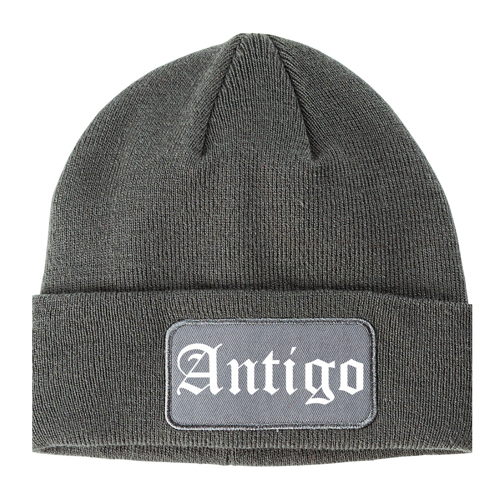 Antigo Wisconsin WI Old English Mens Knit Beanie Hat Cap Grey