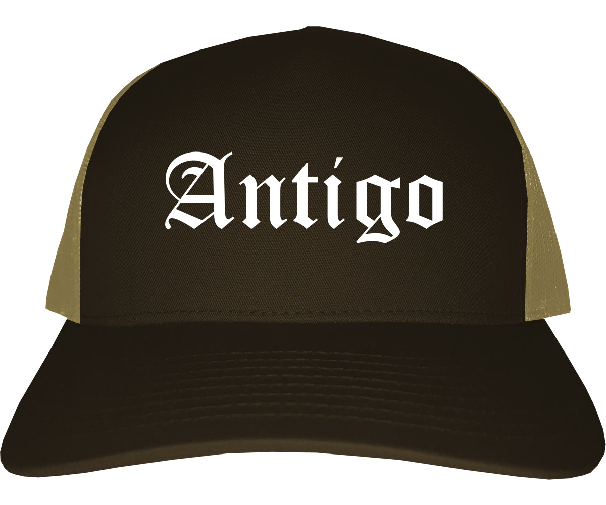 Antigo Wisconsin WI Old English Mens Trucker Hat Cap Brown