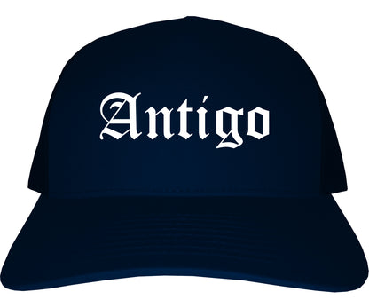 Antigo Wisconsin WI Old English Mens Trucker Hat Cap Navy Blue