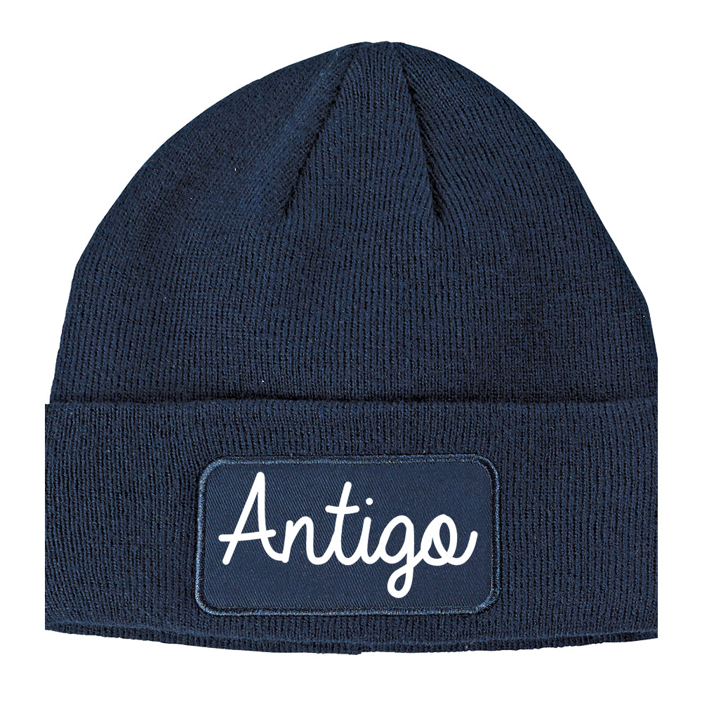 Antigo Wisconsin WI Script Mens Knit Beanie Hat Cap Navy Blue