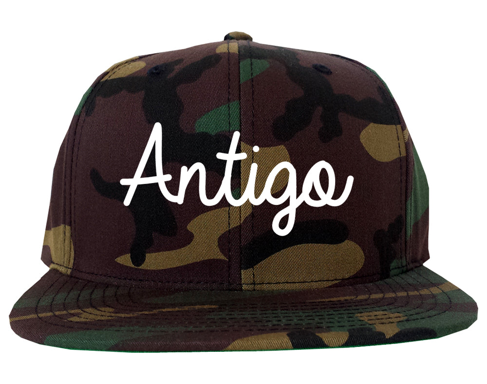 Antigo Wisconsin WI Script Mens Snapback Hat Army Camo