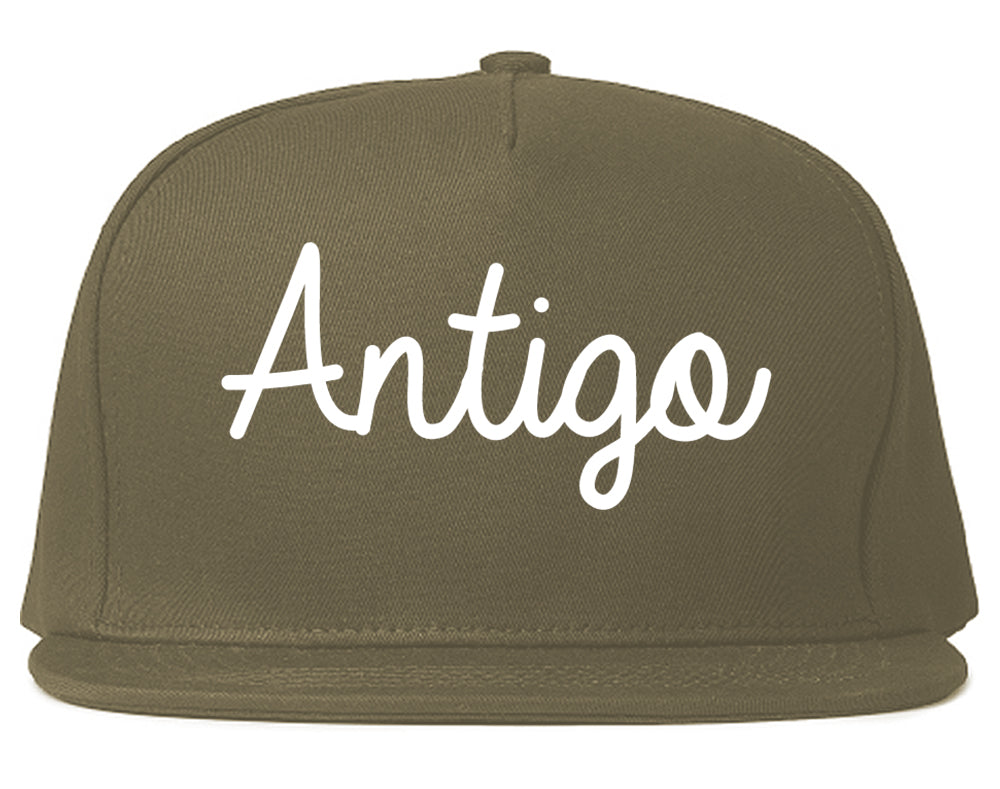 Antigo Wisconsin WI Script Mens Snapback Hat Grey