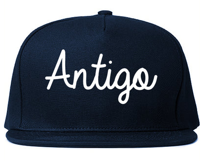Antigo Wisconsin WI Script Mens Snapback Hat Navy Blue