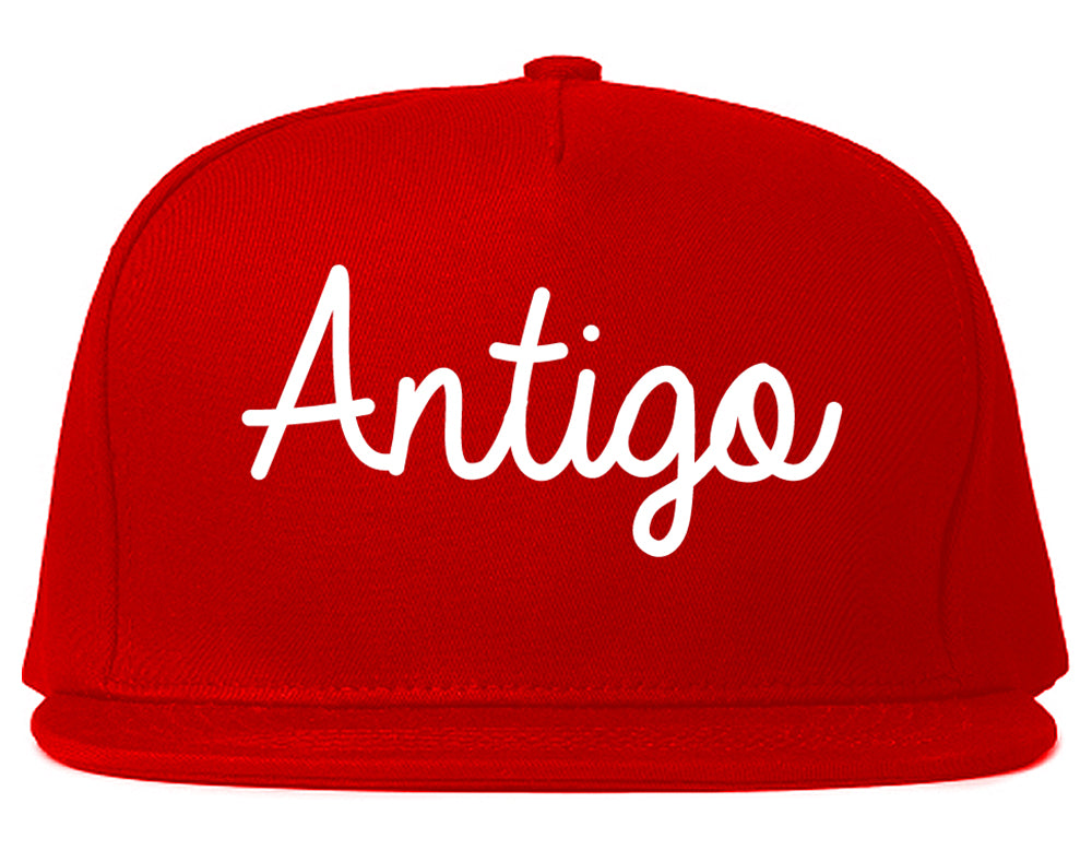 Antigo Wisconsin WI Script Mens Snapback Hat Red