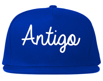 Antigo Wisconsin WI Script Mens Snapback Hat Royal Blue