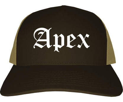Apex North Carolina NC Old English Mens Trucker Hat Cap Brown