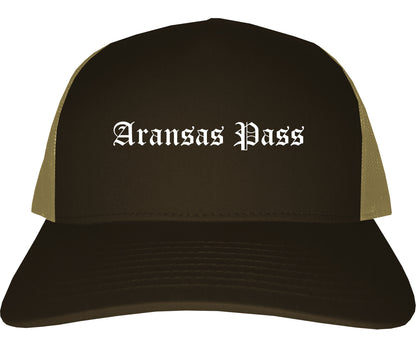 Aransas Pass Texas TX Old English Mens Trucker Hat Cap Brown