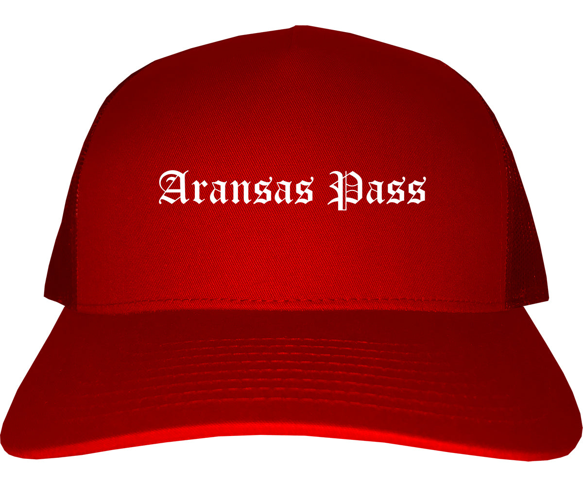 Aransas Pass Texas TX Old English Mens Trucker Hat Cap Red