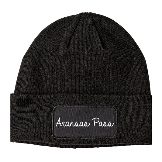 Aransas Pass Texas TX Script Mens Knit Beanie Hat Cap Black