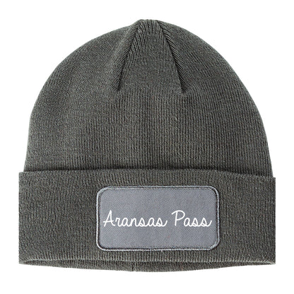 Aransas Pass Texas TX Script Mens Knit Beanie Hat Cap Grey