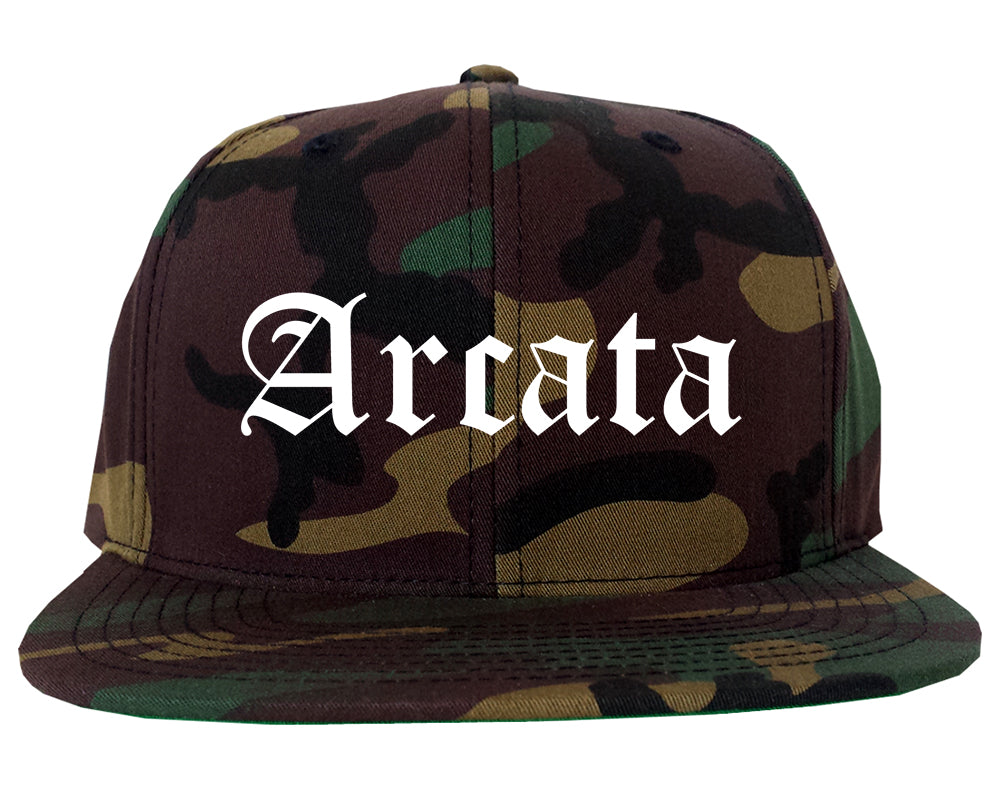 Arcata California CA Old English Mens Snapback Hat Army Camo