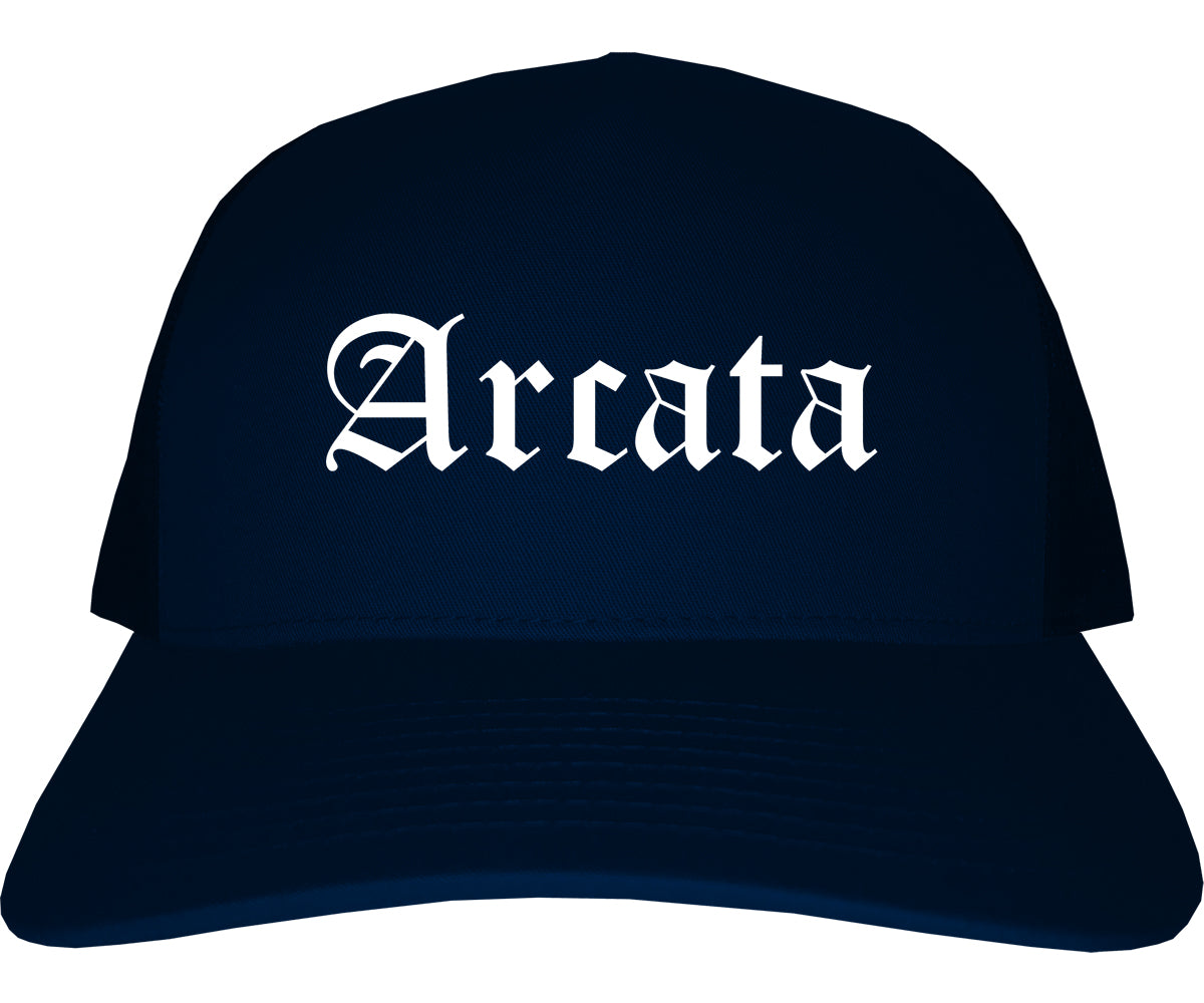 Arcata California CA Old English Mens Trucker Hat Cap Navy Blue