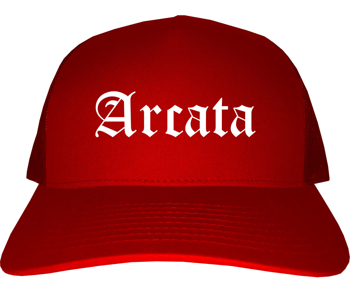 Arcata California CA Old English Mens Trucker Hat Cap Red