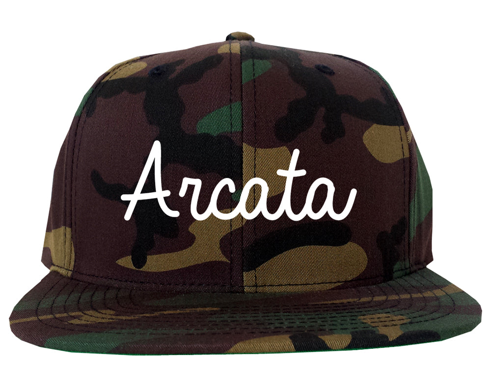 Arcata California CA Script Mens Snapback Hat Army Camo