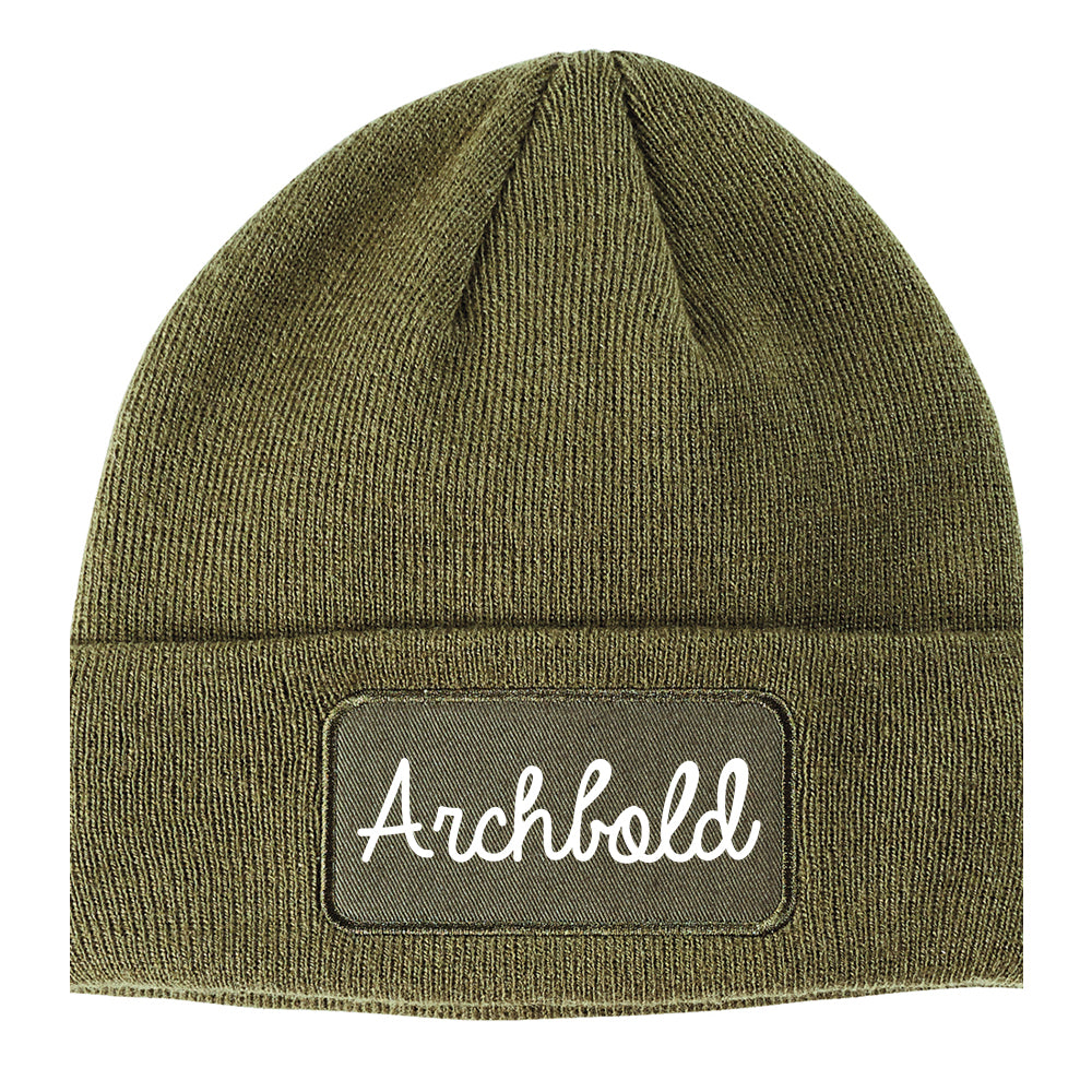 Archbold Ohio OH Script Mens Knit Beanie Hat Cap Olive Green