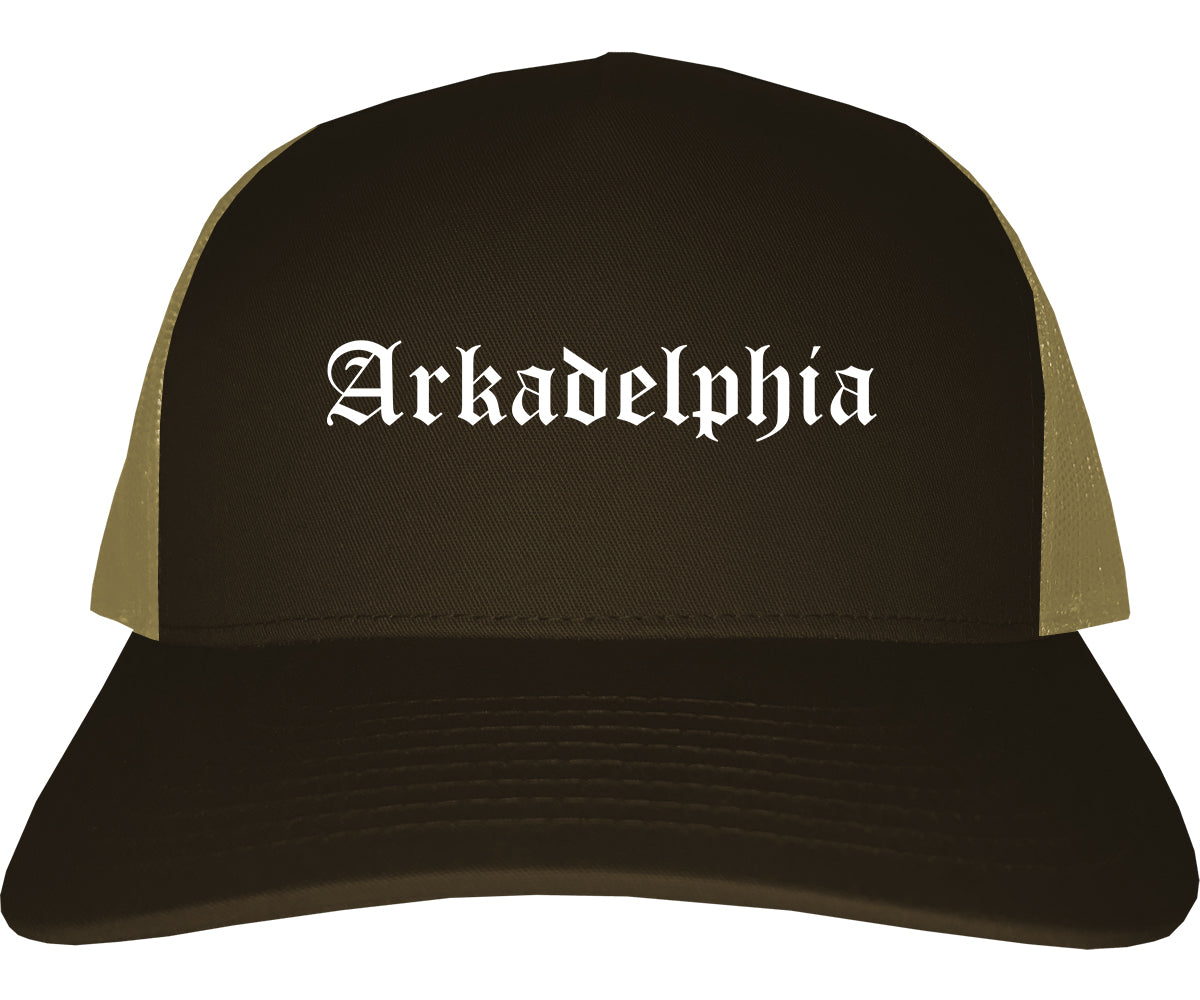 Arkadelphia Arkansas AR Old English Mens Trucker Hat Cap Brown