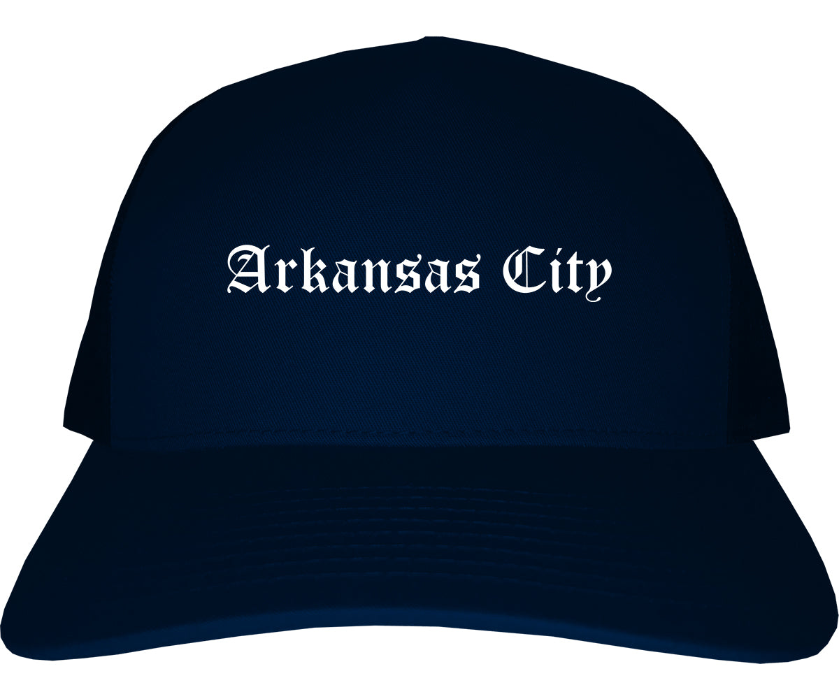Arkansas City Kansas KS Old English Mens Trucker Hat Cap Navy Blue