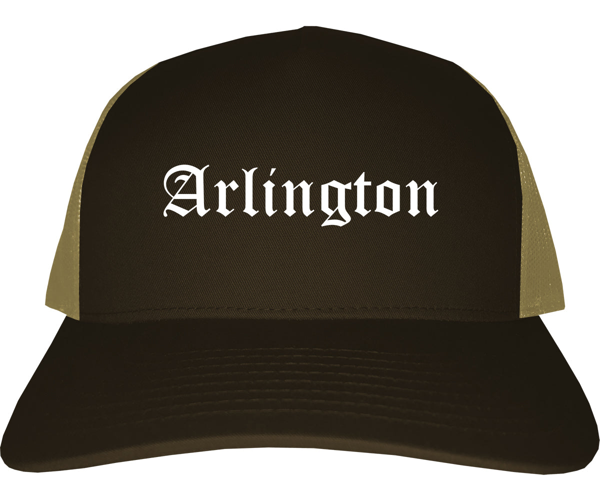 Arlington Texas TX Old English Mens Trucker Hat Cap Brown