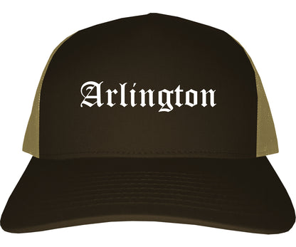 Arlington Virginia VA Old English Mens Trucker Hat Cap Brown