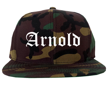 Arnold Missouri MO Old English Mens Snapback Hat Army Camo