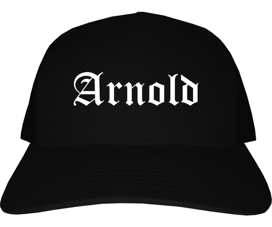 Arnold Missouri MO Old English Mens Trucker Hat Cap Black