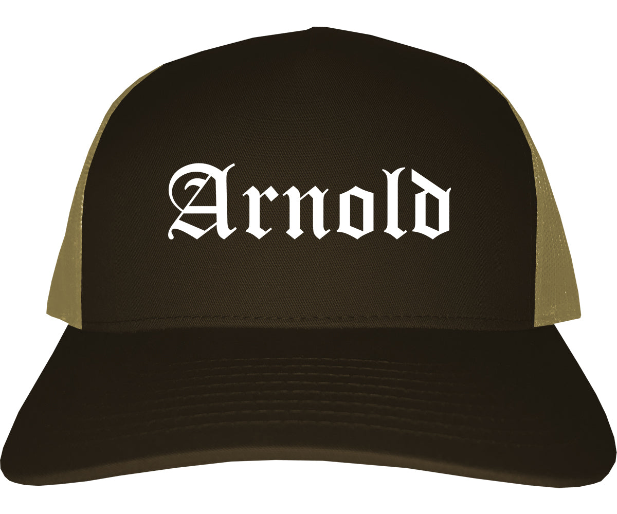 Arnold Missouri MO Old English Mens Trucker Hat Cap Brown
