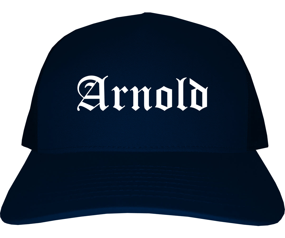 Arnold Missouri MO Old English Mens Trucker Hat Cap Navy Blue