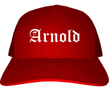 Arnold Missouri MO Old English Mens Trucker Hat Cap Red