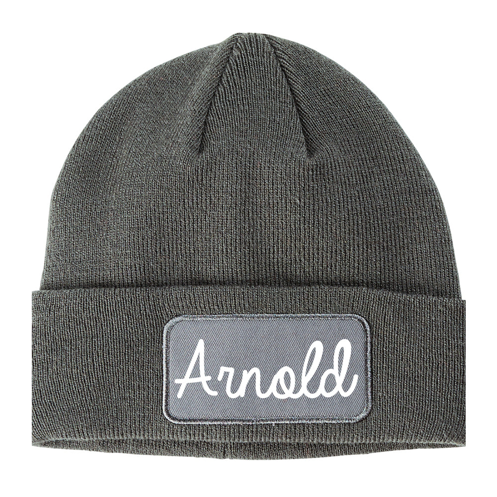 Arnold Missouri MO Script Mens Knit Beanie Hat Cap Grey