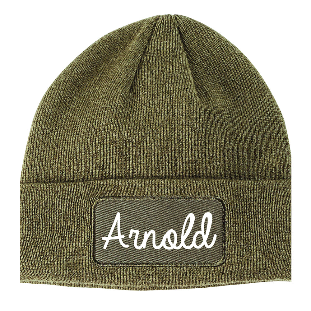 Arnold Missouri MO Script Mens Knit Beanie Hat Cap Olive Green