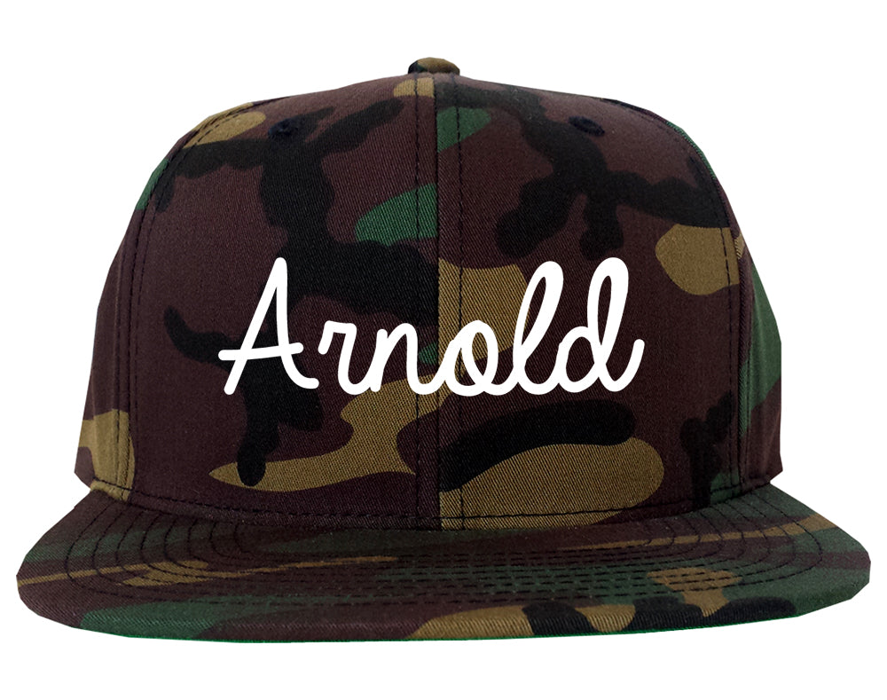 Arnold Missouri MO Script Mens Snapback Hat Army Camo