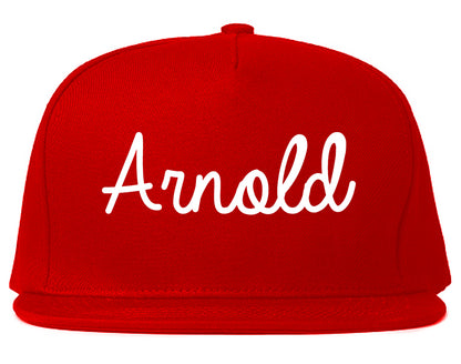 Arnold Missouri MO Script Mens Snapback Hat Red