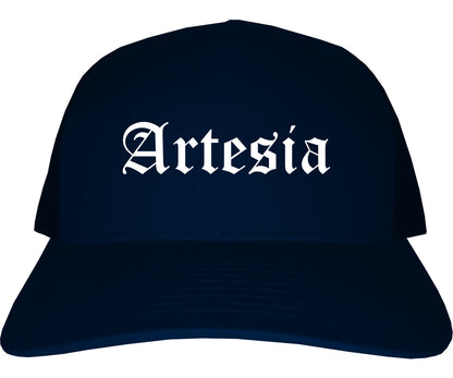 Artesia California CA Old English Mens Trucker Hat Cap Navy Blue