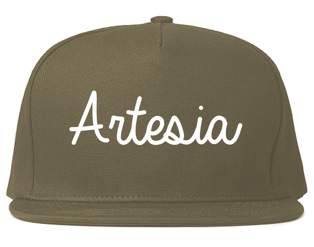 Artesia California CA Script Mens Snapback Hat Grey