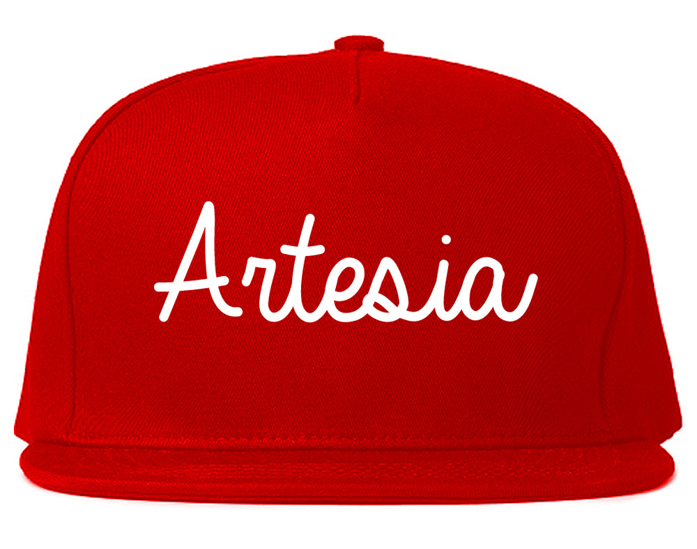 Artesia California CA Script Mens Snapback Hat Red