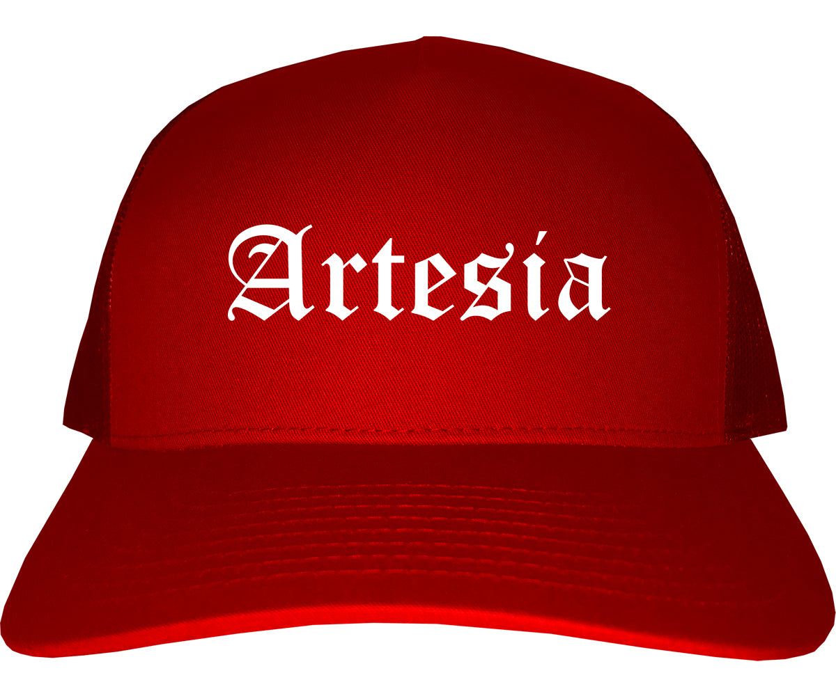 Artesia New Mexico NM Old English Mens Trucker Hat Cap Red
