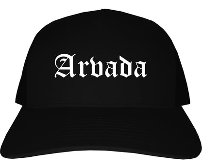 Arvada Colorado CO Old English Mens Trucker Hat Cap Black
