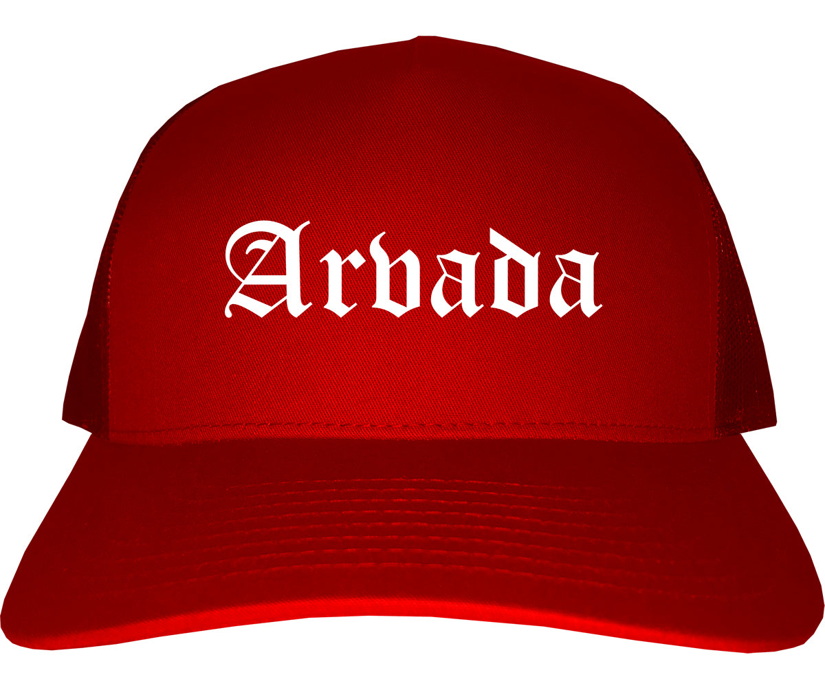 Arvada Colorado CO Old English Mens Trucker Hat Cap Red