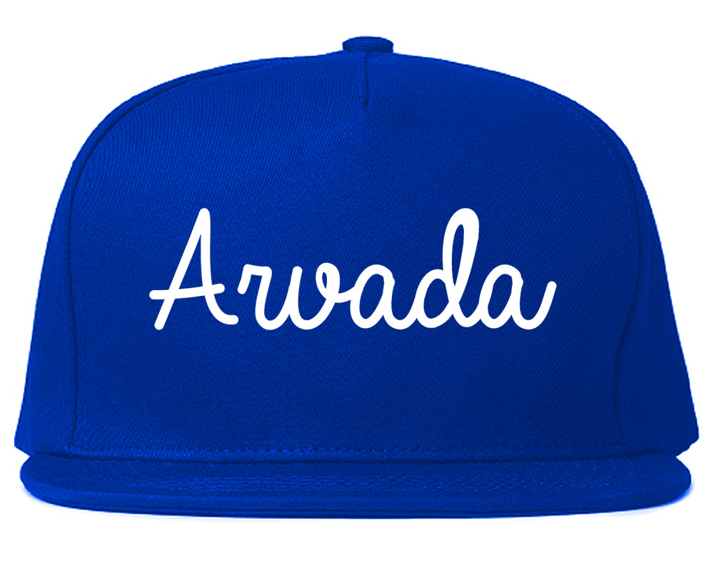 Arvada Colorado CO Script Mens Snapback Hat Royal Blue