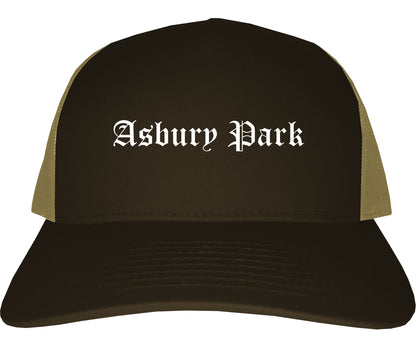 Asbury Park New Jersey NJ Old English Mens Trucker Hat Cap Brown